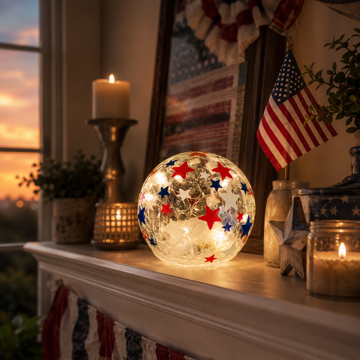 Patriotic Star Crackle Glass Globe Light