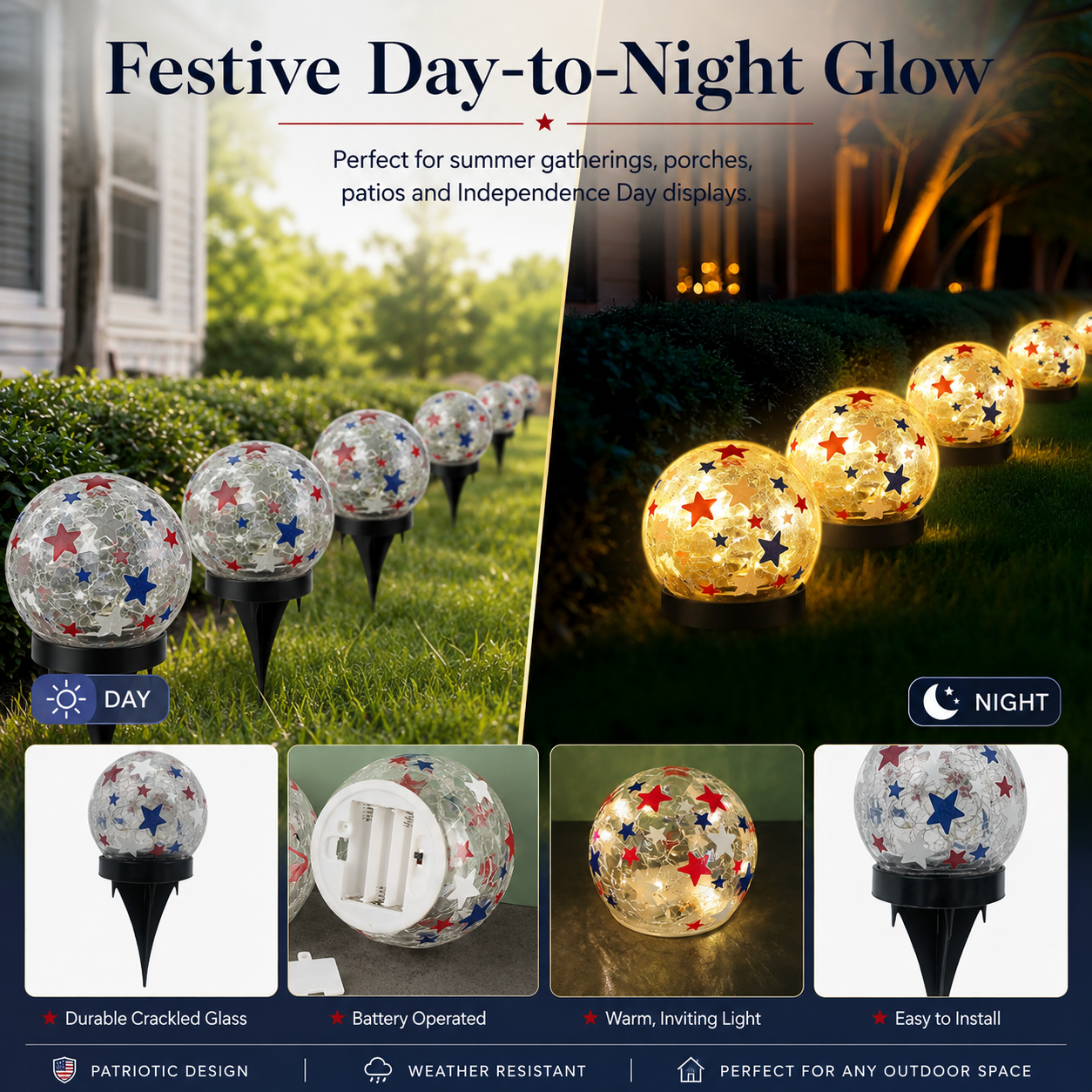 Patriotic Star Crackle Glass Globe Light