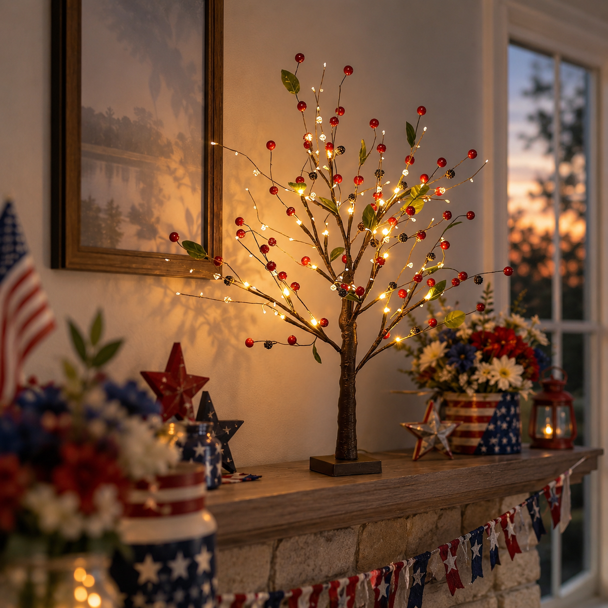 Festive 4th of July Berry Tree with Warm LED Lights