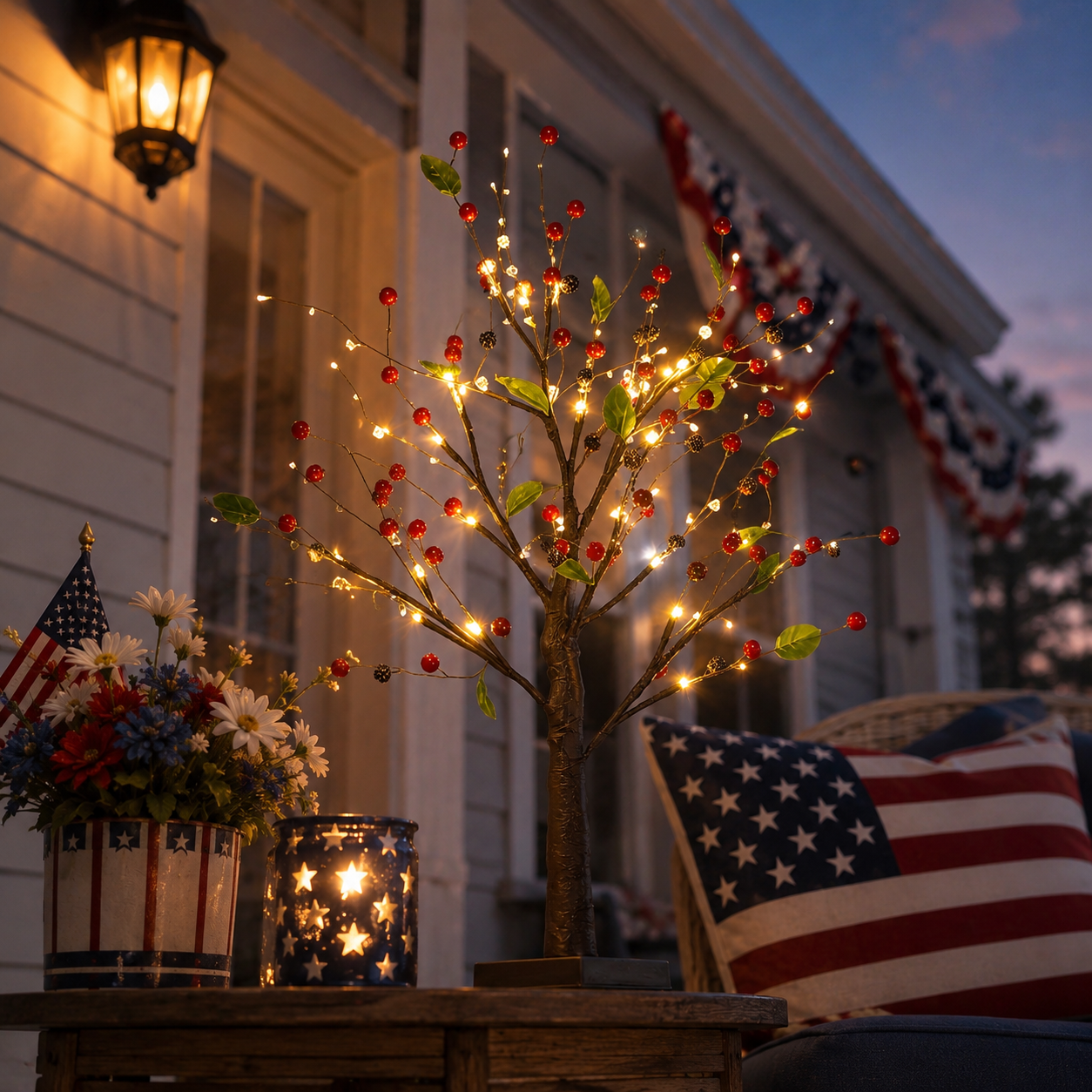 Festive 4th of July Berry Tree with Warm LED Lights
