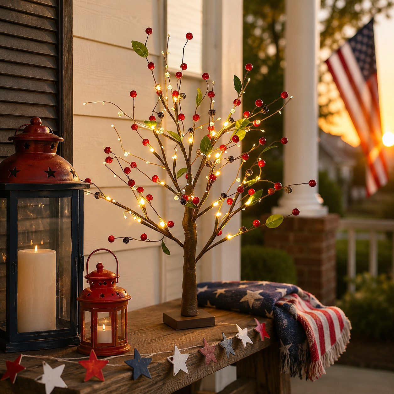Festive 4th of July Berry Tree with Warm LED Lights
