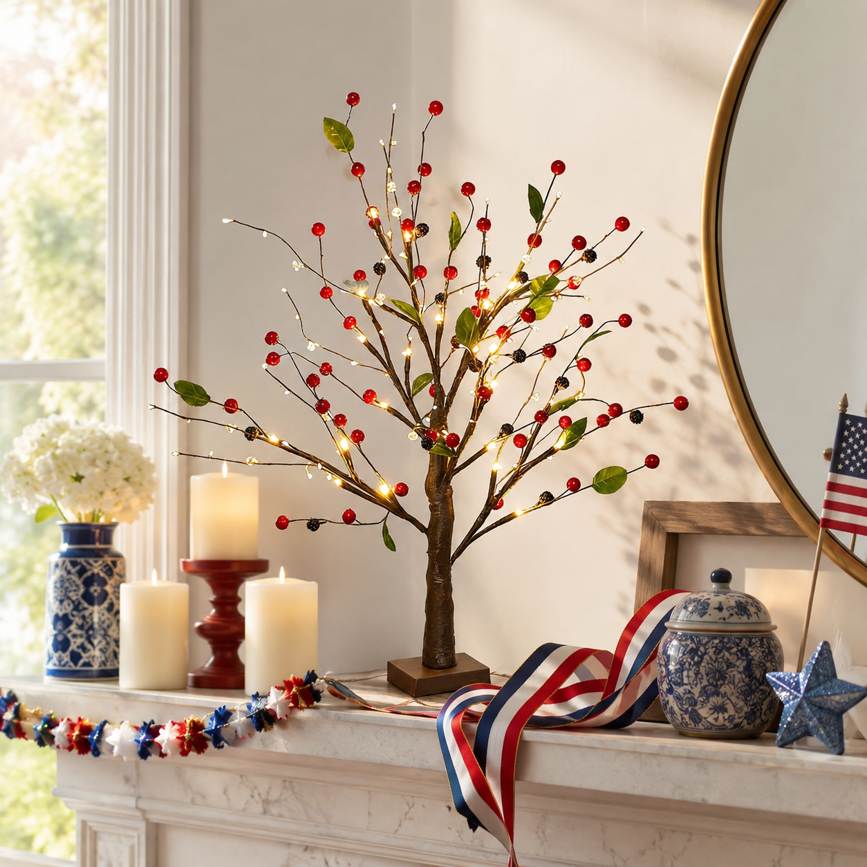 Festive 4th of July Berry Tree with Warm LED Lights