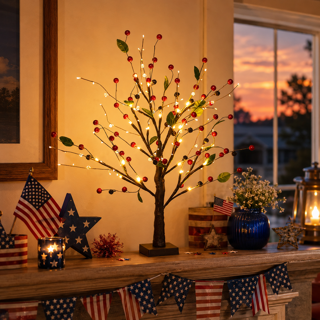 Festive 4th of July Berry Tree with Warm LED Lights