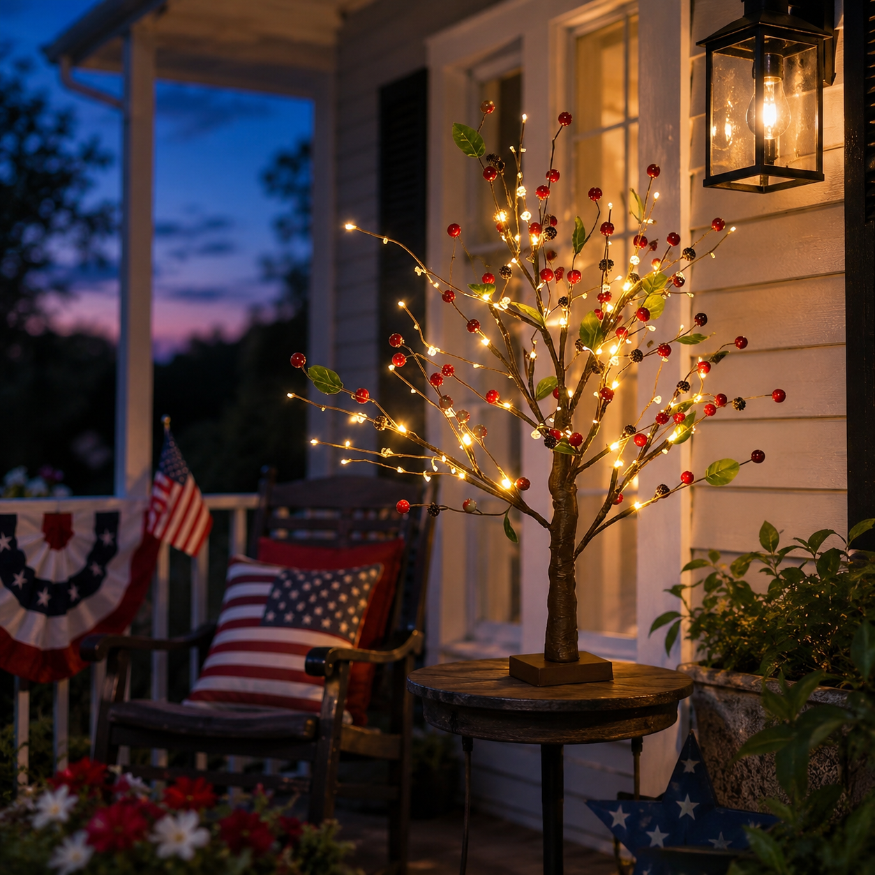 Festive 4th of July Berry Tree with Warm LED Lights