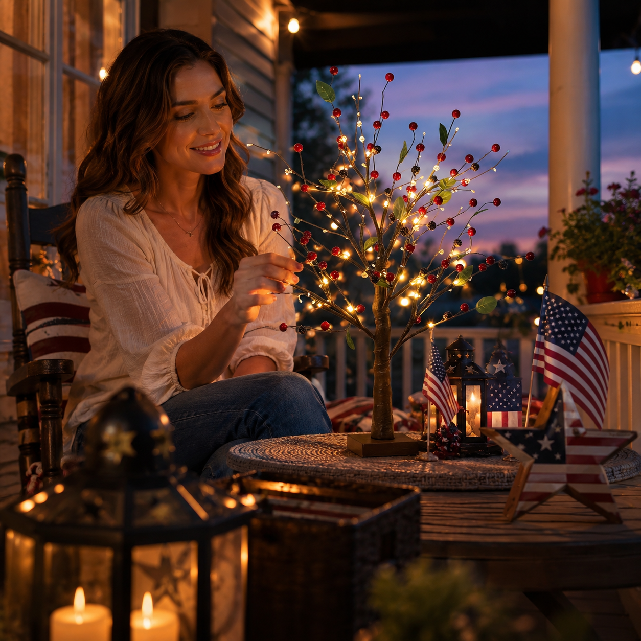 Festive 4th of July Berry Tree with Warm LED Lights