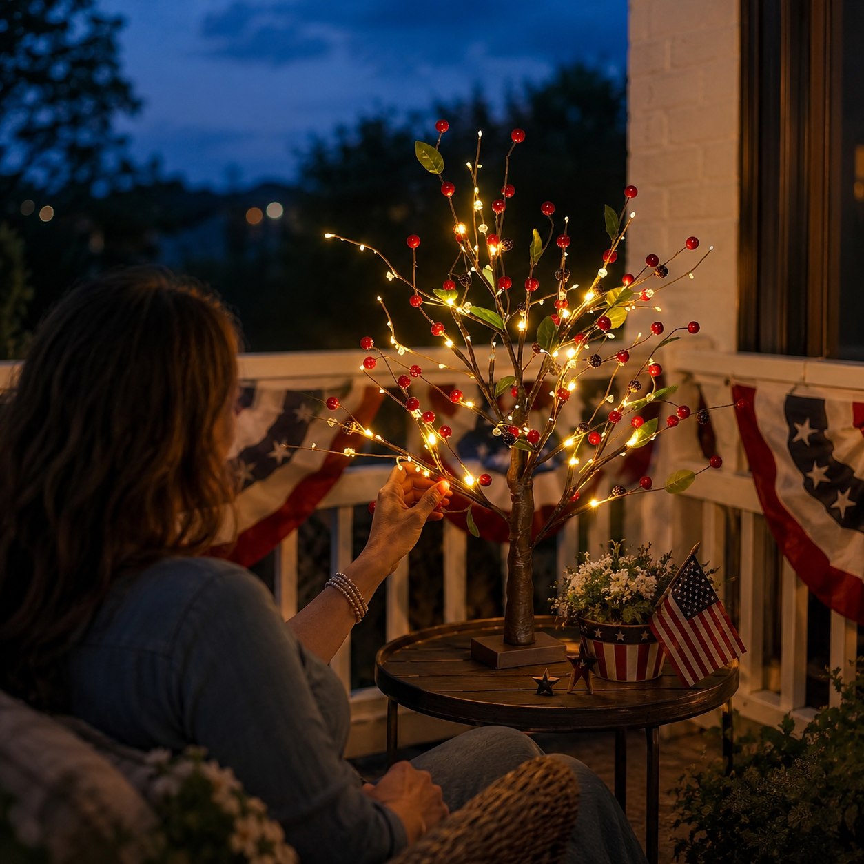 Festive 4th of July Berry Tree with Warm LED Lights