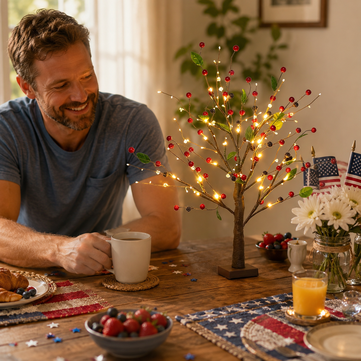 Festive 4th of July Berry Tree with Warm LED Lights