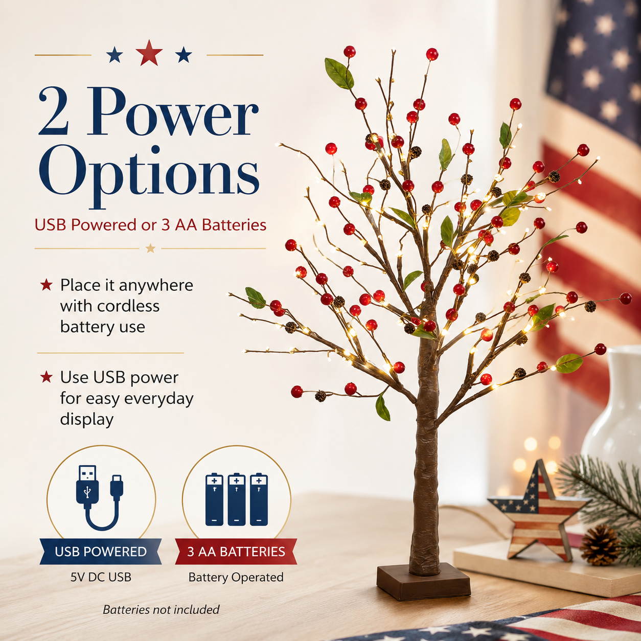 Festive 4th of July Berry Tree with Warm LED Lights