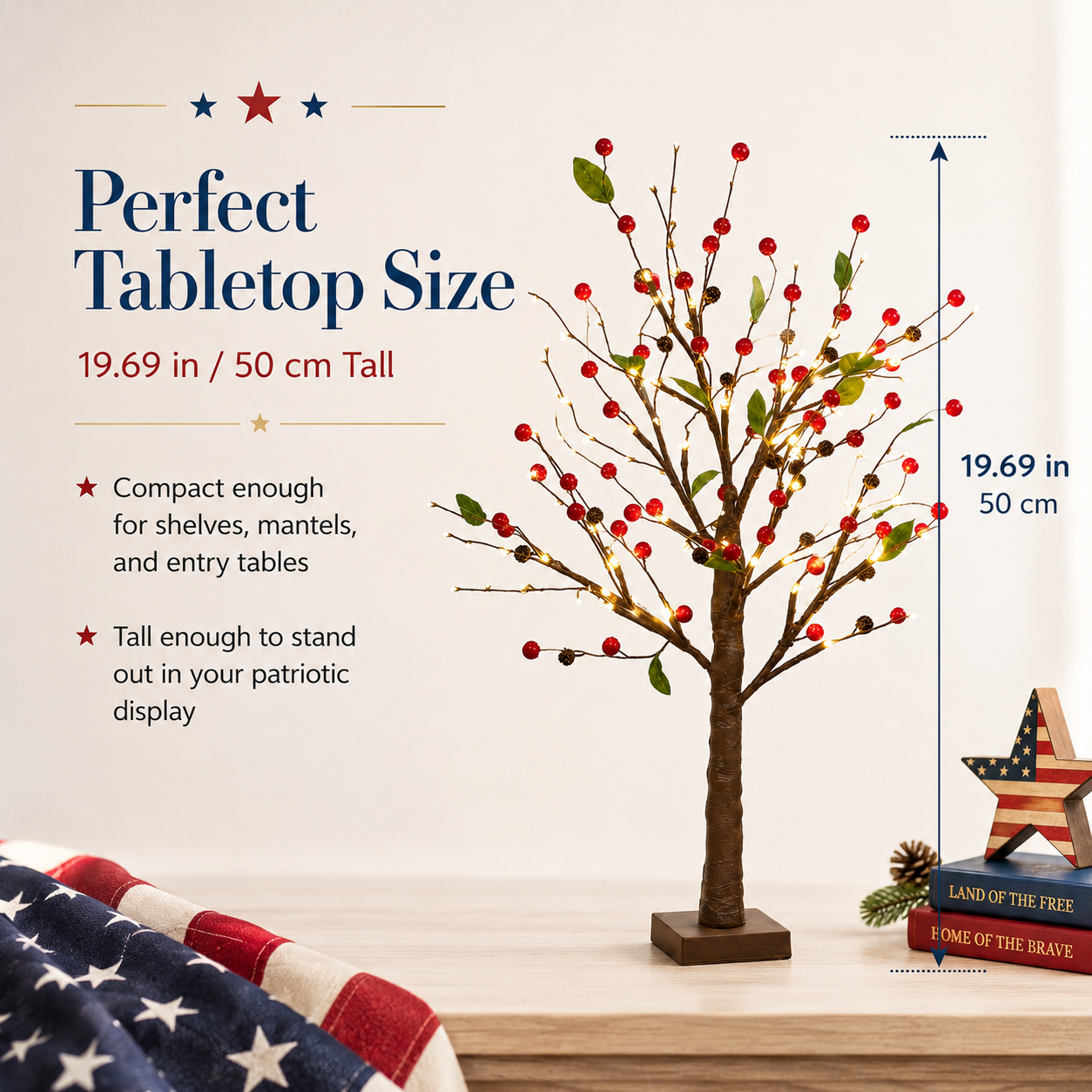 Festive 4th of July Berry Tree with Warm LED Lights