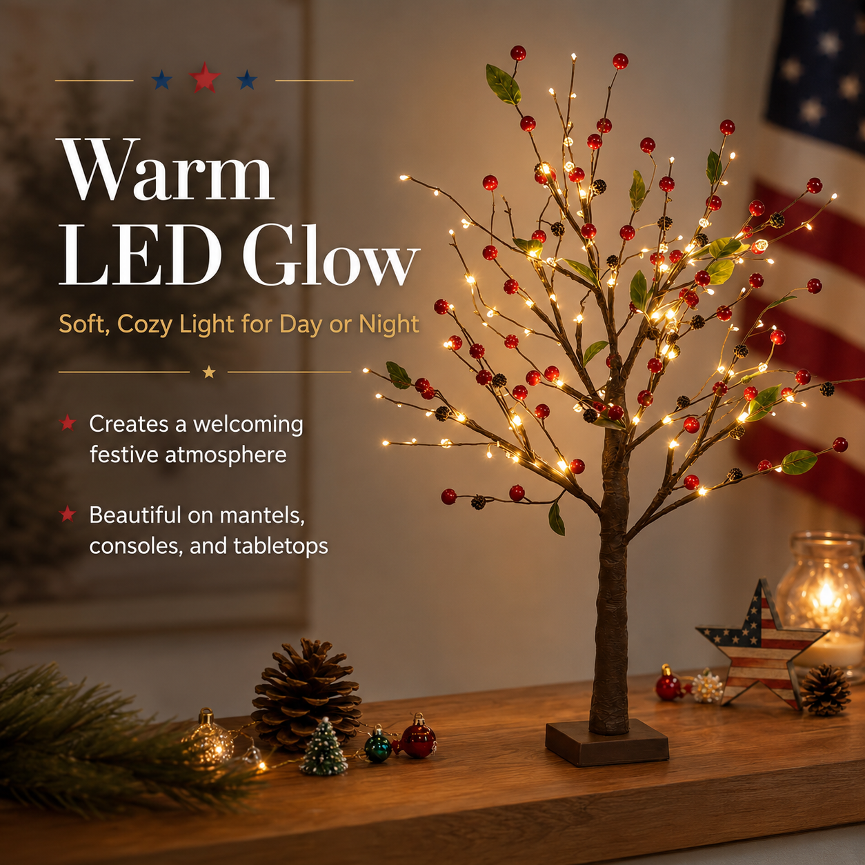 Festive 4th of July Berry Tree with Warm LED Lights