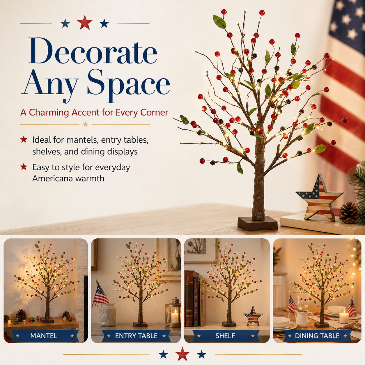 Festive 4th of July Berry Tree with Warm LED Lights