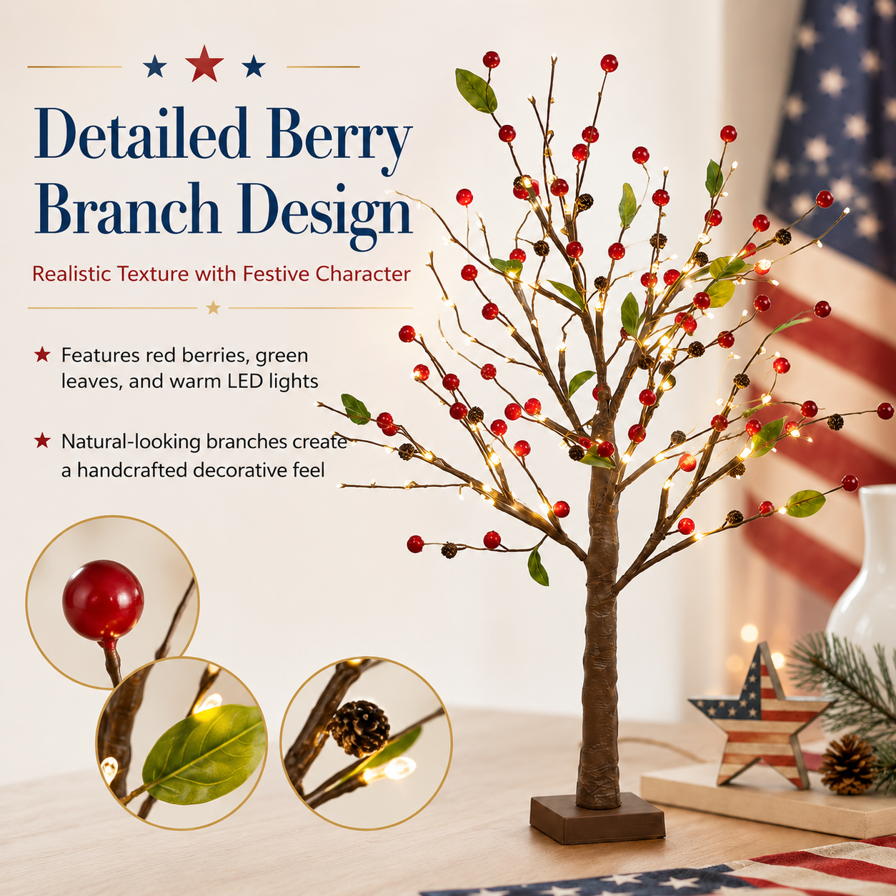 Festive 4th of July Berry Tree with Warm LED Lights