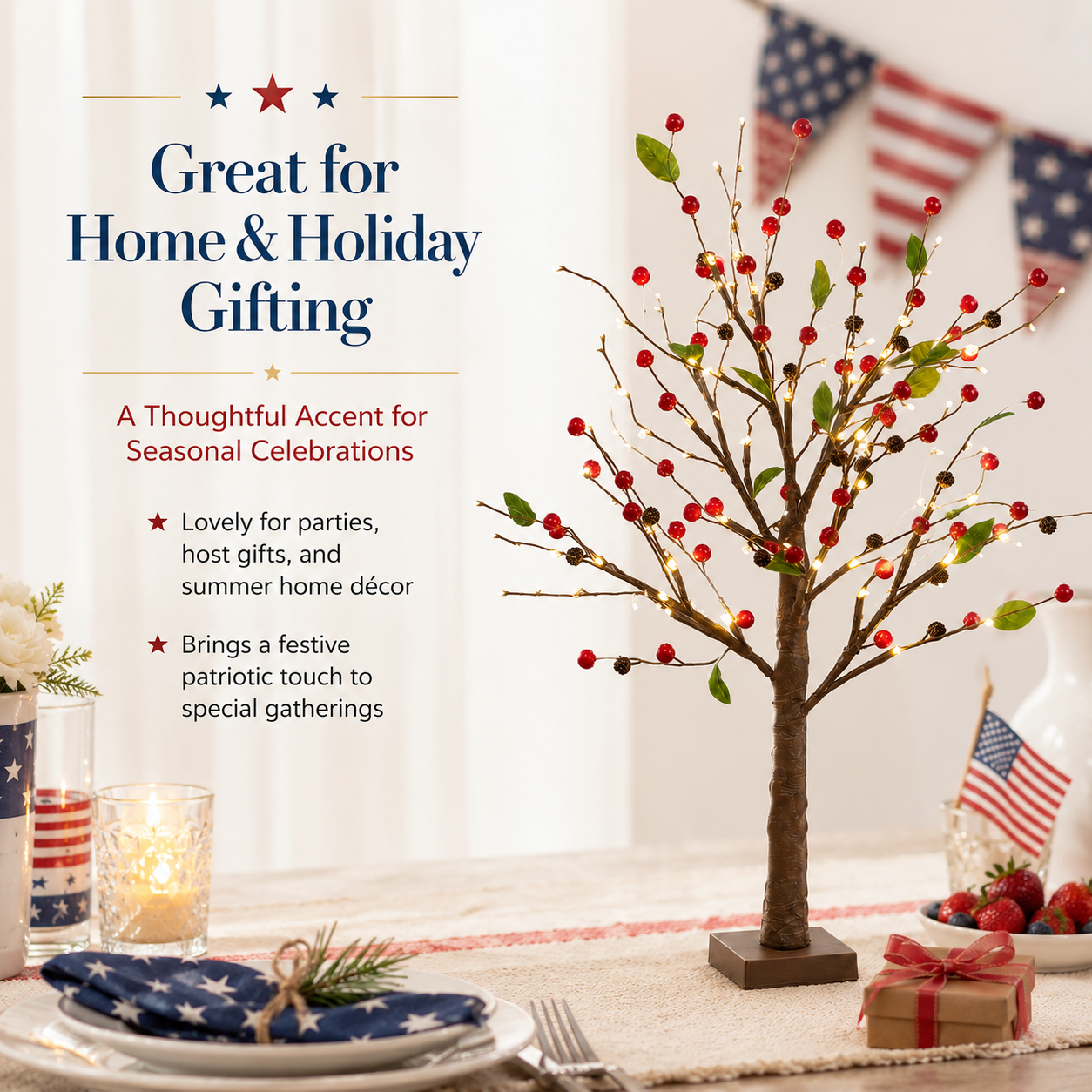 Festive 4th of July Berry Tree with Warm LED Lights