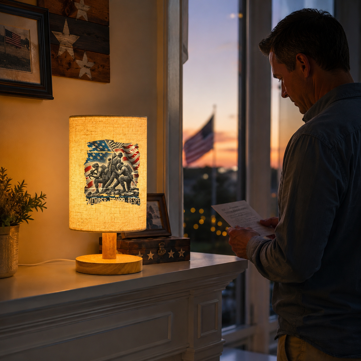 Patriotic Memorial Table Lamp with Warm Glow – USB Powered Independence Day Decor