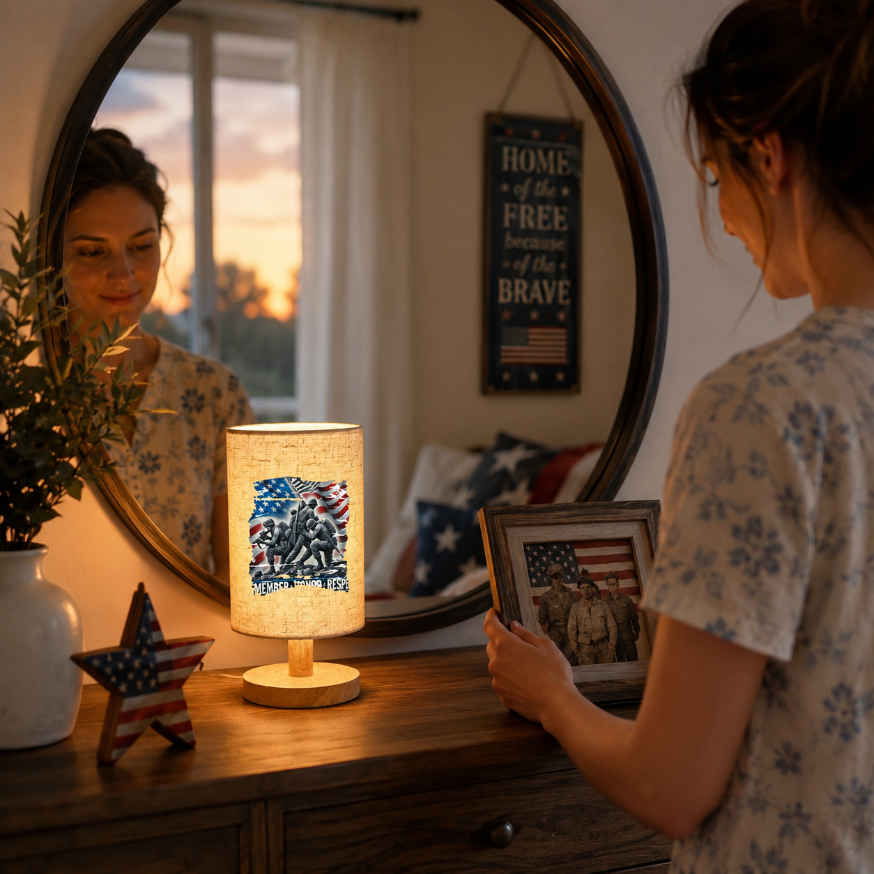Patriotic Memorial Table Lamp with Warm Glow – USB Powered Independence Day Decor