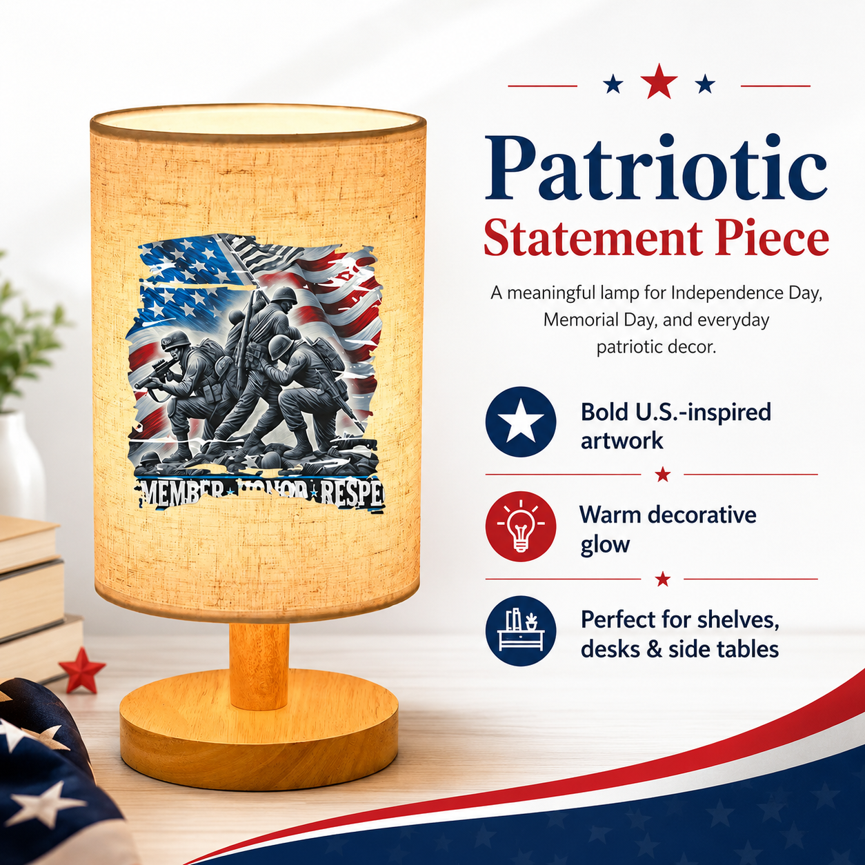 Patriotic Memorial Table Lamp with Warm Glow – USB Powered Independence Day Decor