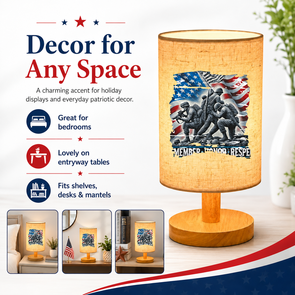 Patriotic Memorial Table Lamp with Warm Glow – USB Powered Independence Day Decor