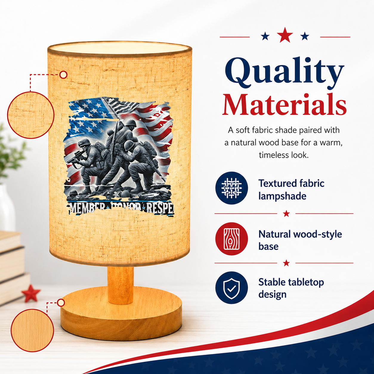 Patriotic Memorial Table Lamp with Warm Glow – USB Powered Independence Day Decor
