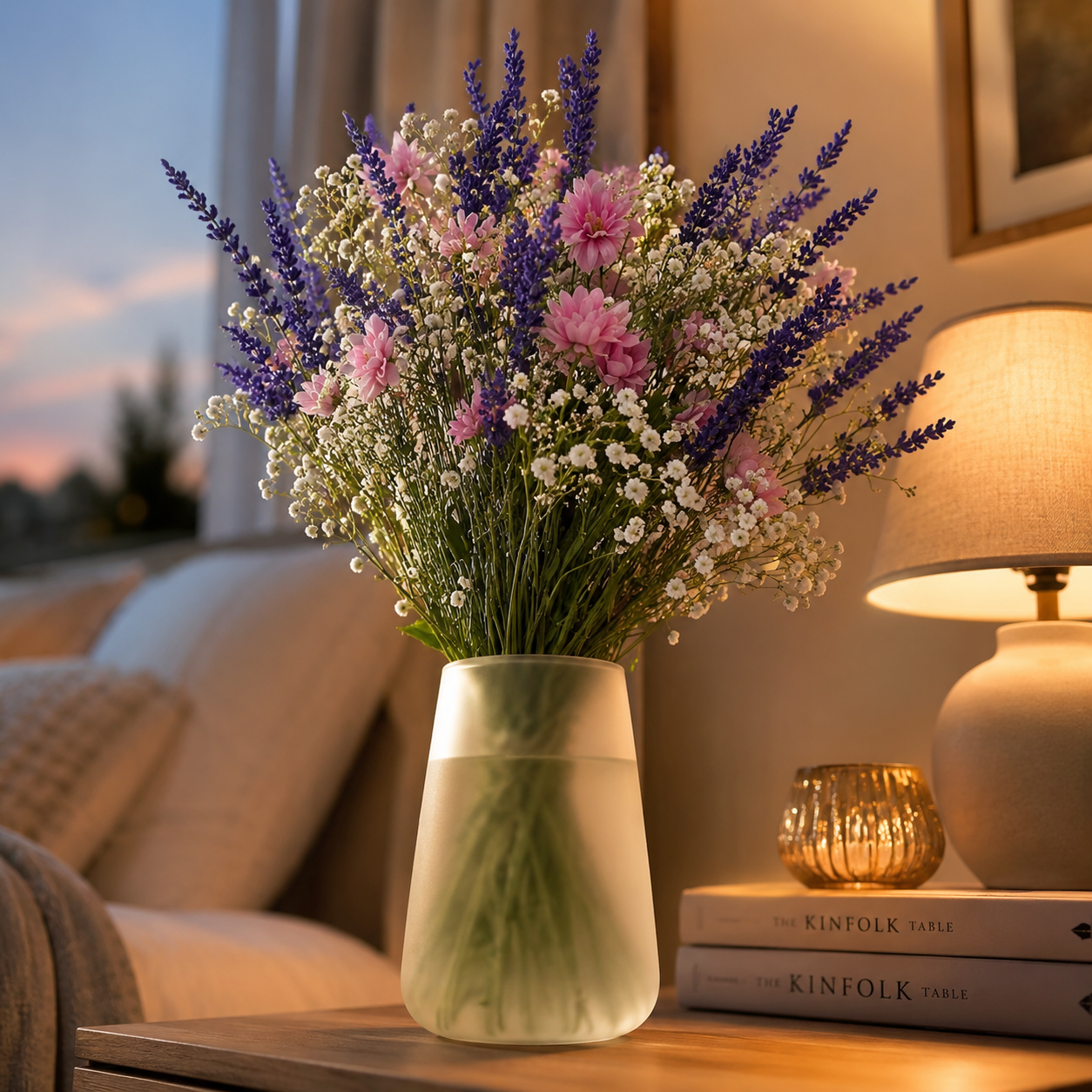 Rustic Purple Lavender & White Baby’s Breath Bouquet – 17in Dried Flowers for Living Room & Table Centerpiece
