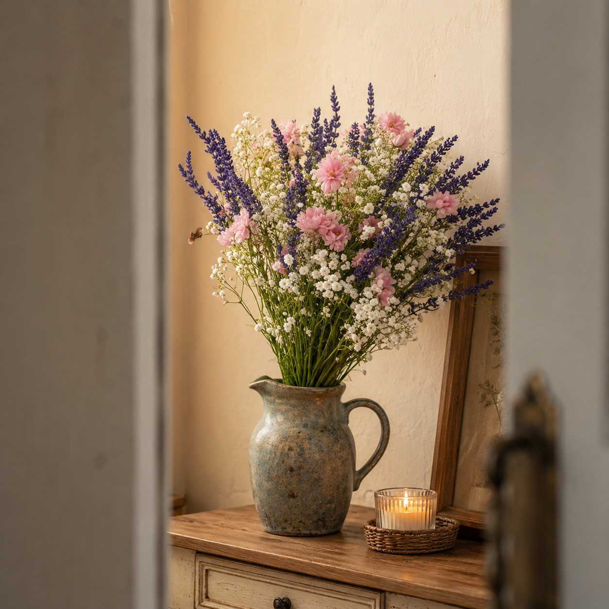 Rustic Purple Lavender & White Baby’s Breath Bouquet – 17in Dried Flowers for Living Room & Table Centerpiece