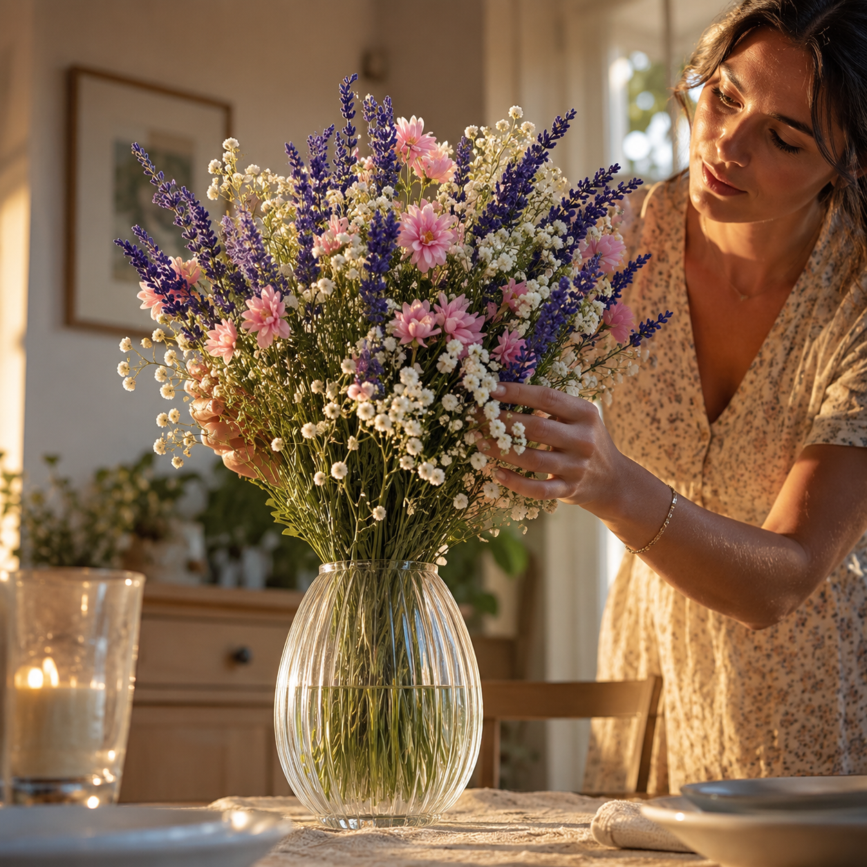 Rustic Purple Lavender & White Baby’s Breath Bouquet – 17in Dried Flowers for Living Room & Table Centerpiece