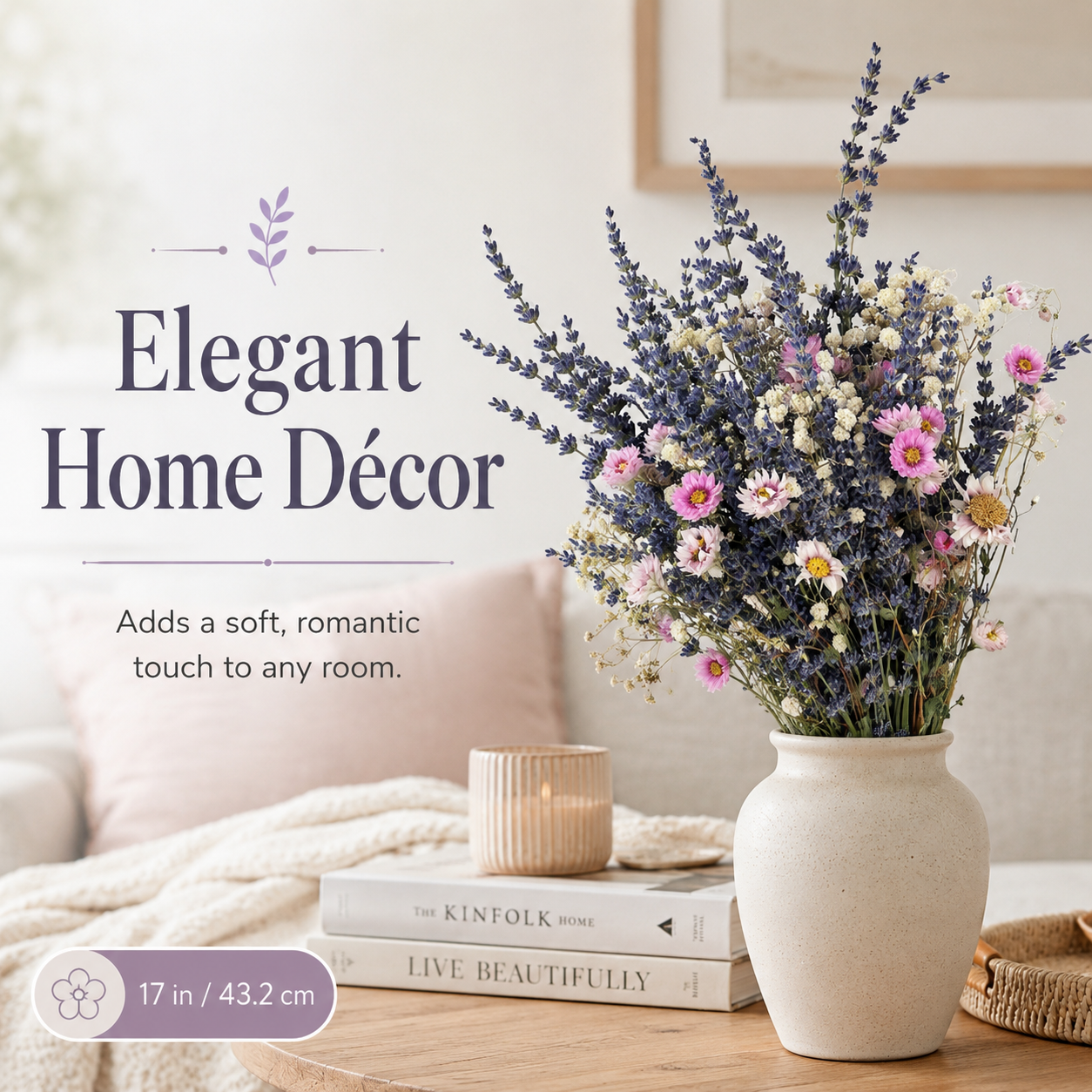 Rustic Purple Lavender & White Baby’s Breath Bouquet – 17in Dried Flowers for Living Room & Table Centerpiece