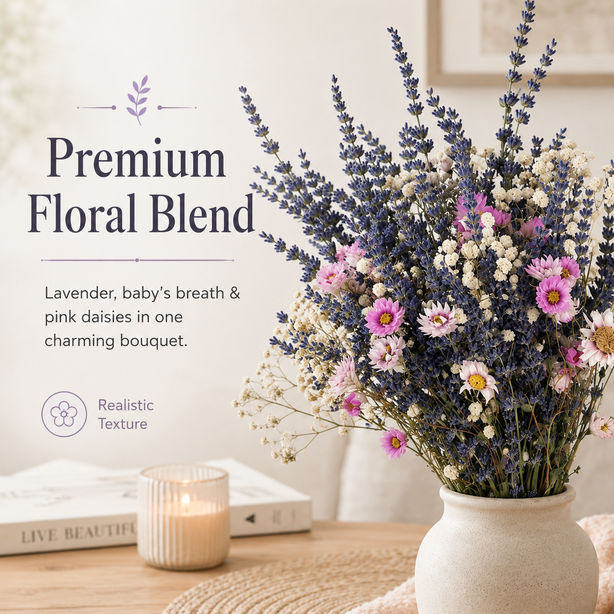 Rustic Purple Lavender & White Baby’s Breath Bouquet – 17in Dried Flowers for Living Room & Table Centerpiece