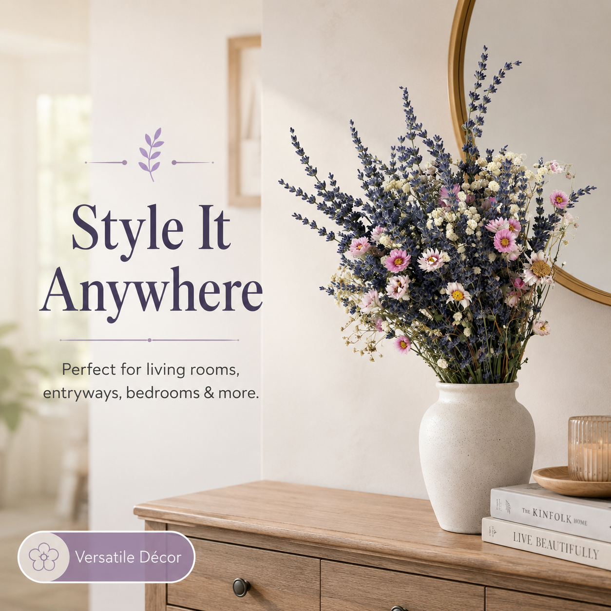 Rustic Purple Lavender & White Baby’s Breath Bouquet – 17in Dried Flowers for Living Room & Table Centerpiece