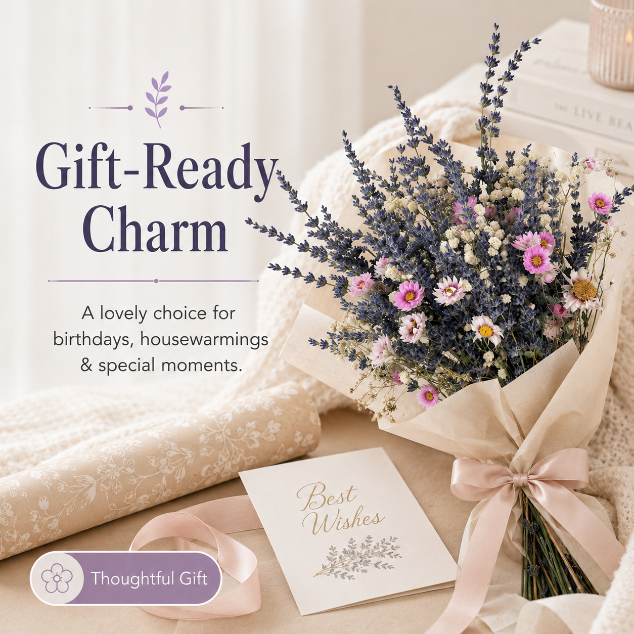 Rustic Purple Lavender & White Baby’s Breath Bouquet – 17in Dried Flowers for Living Room & Table Centerpiece