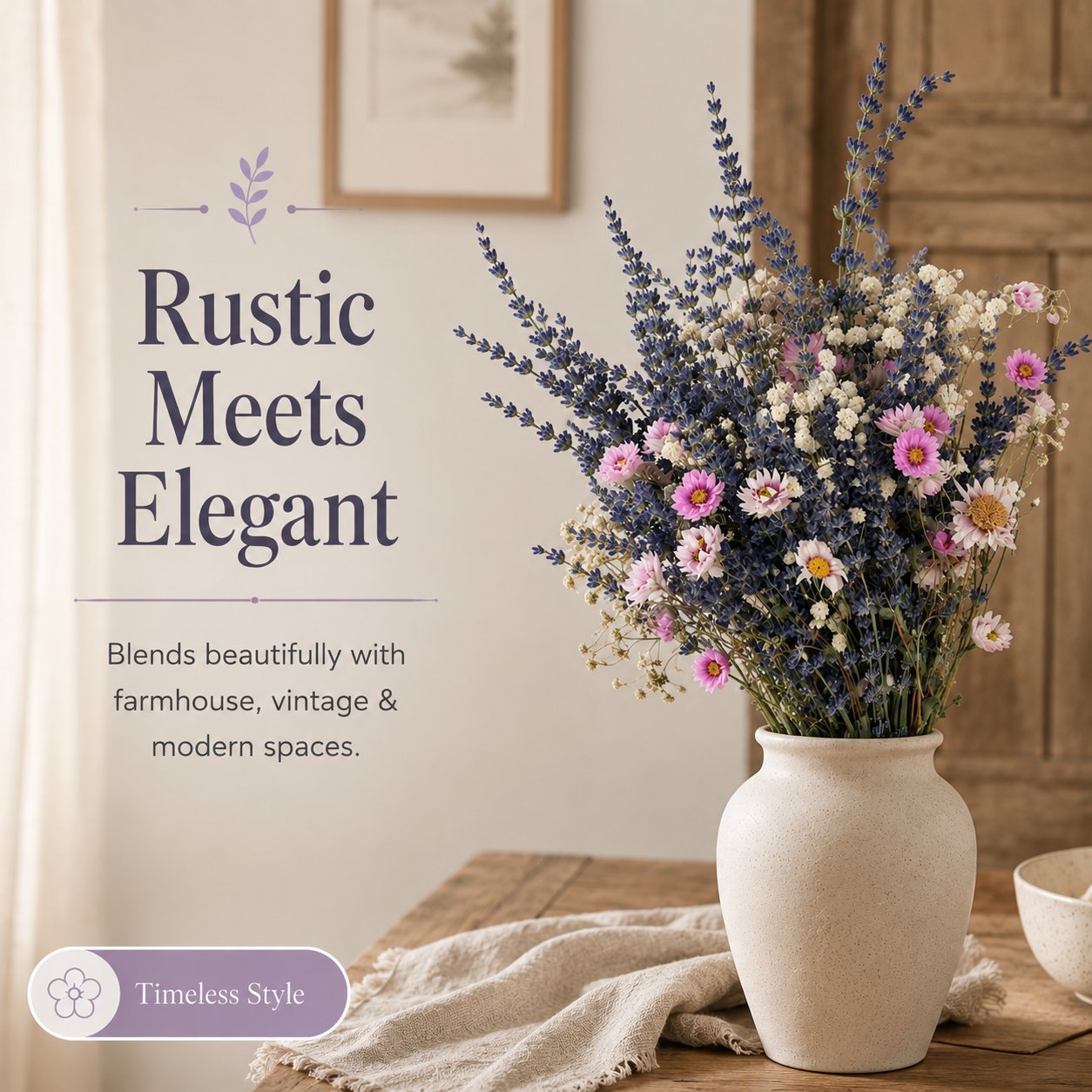 Rustic Purple Lavender & White Baby’s Breath Bouquet – 17in Dried Flowers for Living Room & Table Centerpiece