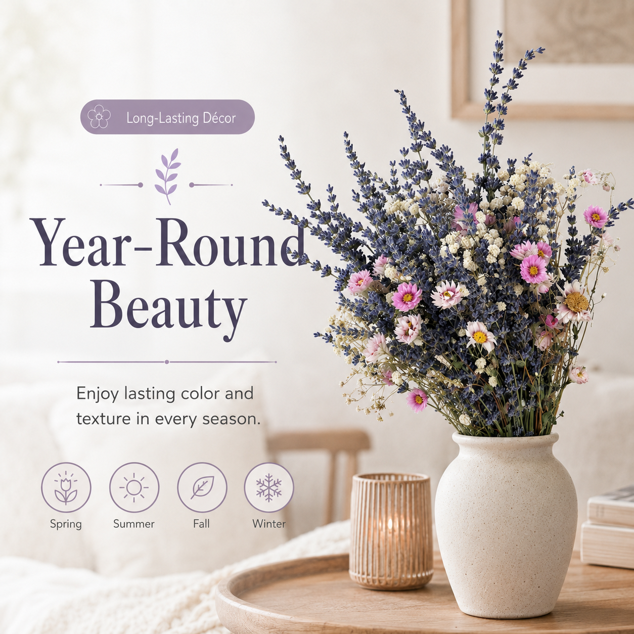 Rustic Purple Lavender & White Baby’s Breath Bouquet – 17in Dried Flowers for Living Room & Table Centerpiece