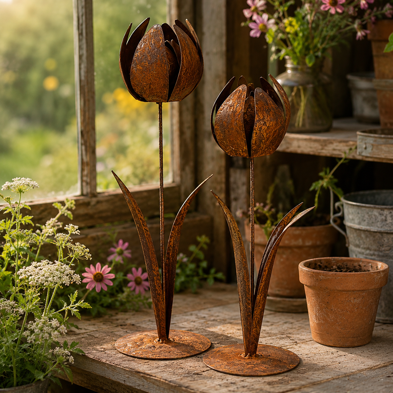 2pcs-Rustic Metal Tulip Sculpture Home Decor