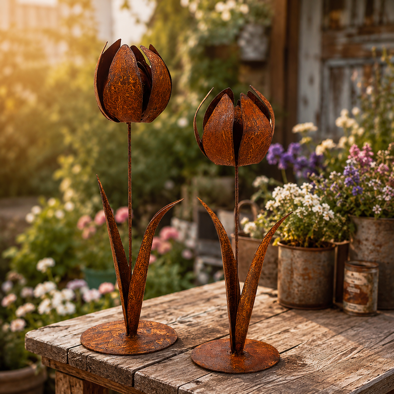 2pcs-Rustic Metal Tulip Sculpture Home Decor