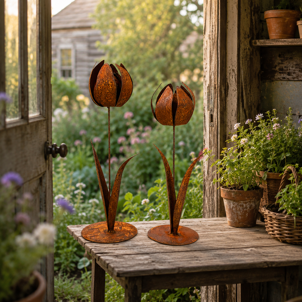 2pcs-Rustic Metal Tulip Sculpture Home Decor