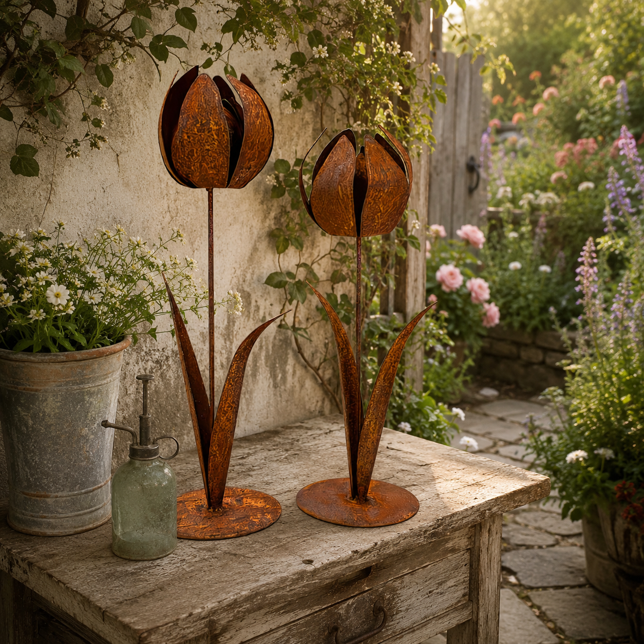 2pcs-Rustic Metal Tulip Sculpture Home Decor
