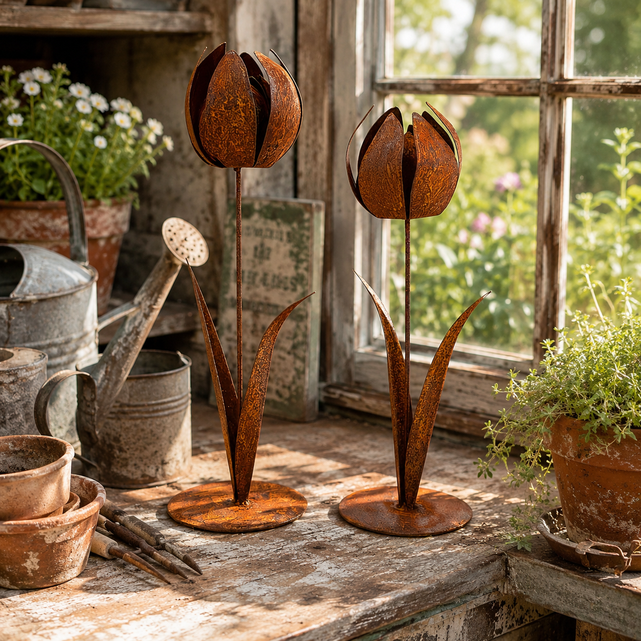 2pcs-Rustic Metal Tulip Sculpture Home Decor