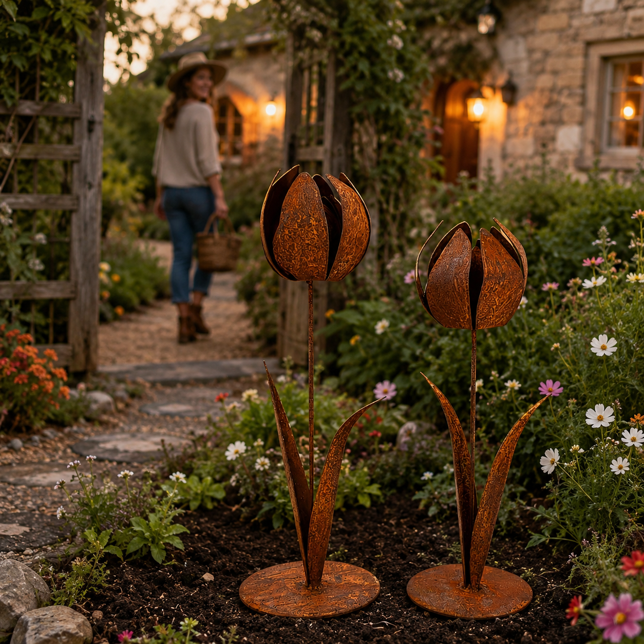 2pcs-Rustic Metal Tulip Sculpture Home Decor