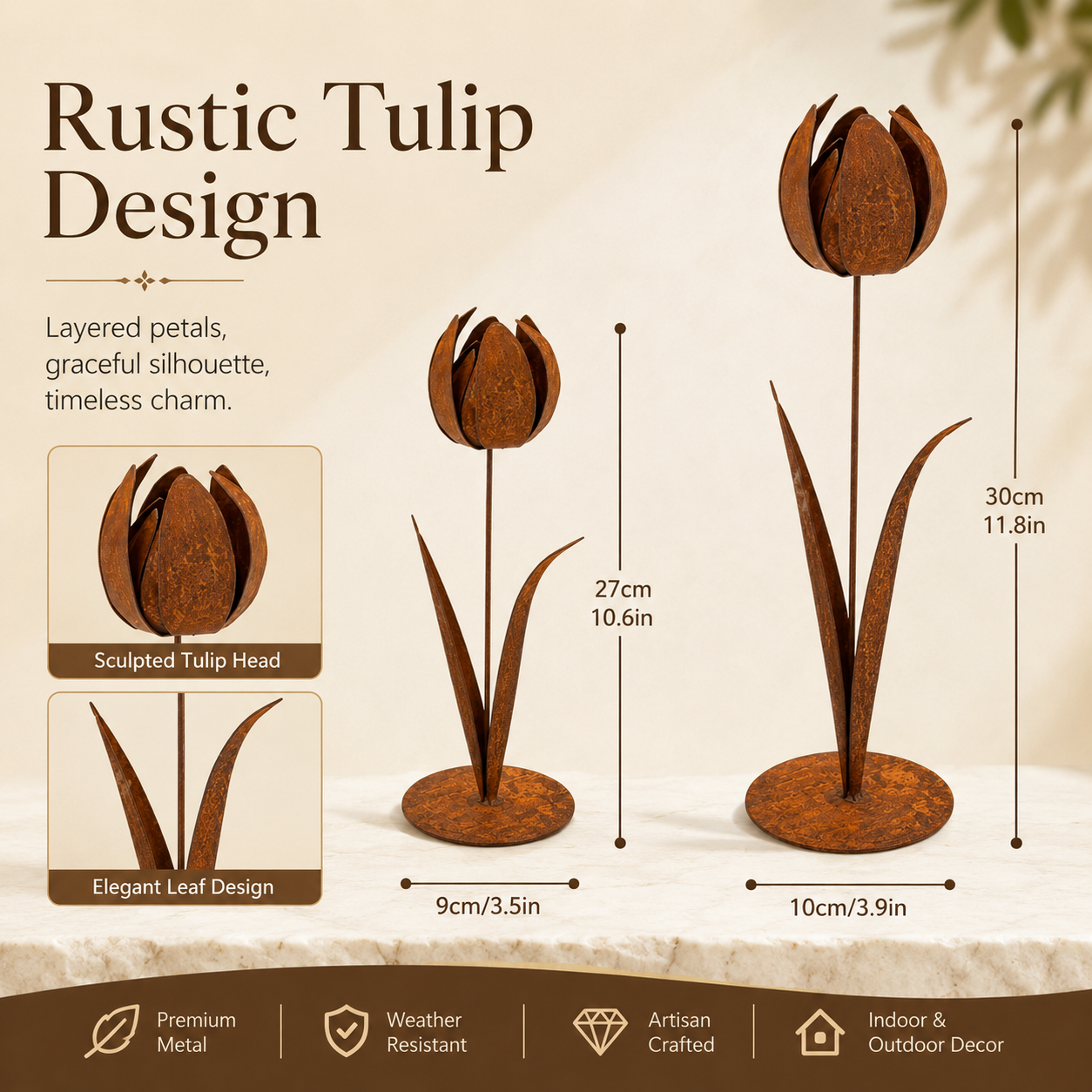 2pcs-Rustic Metal Tulip Sculpture Home Decor