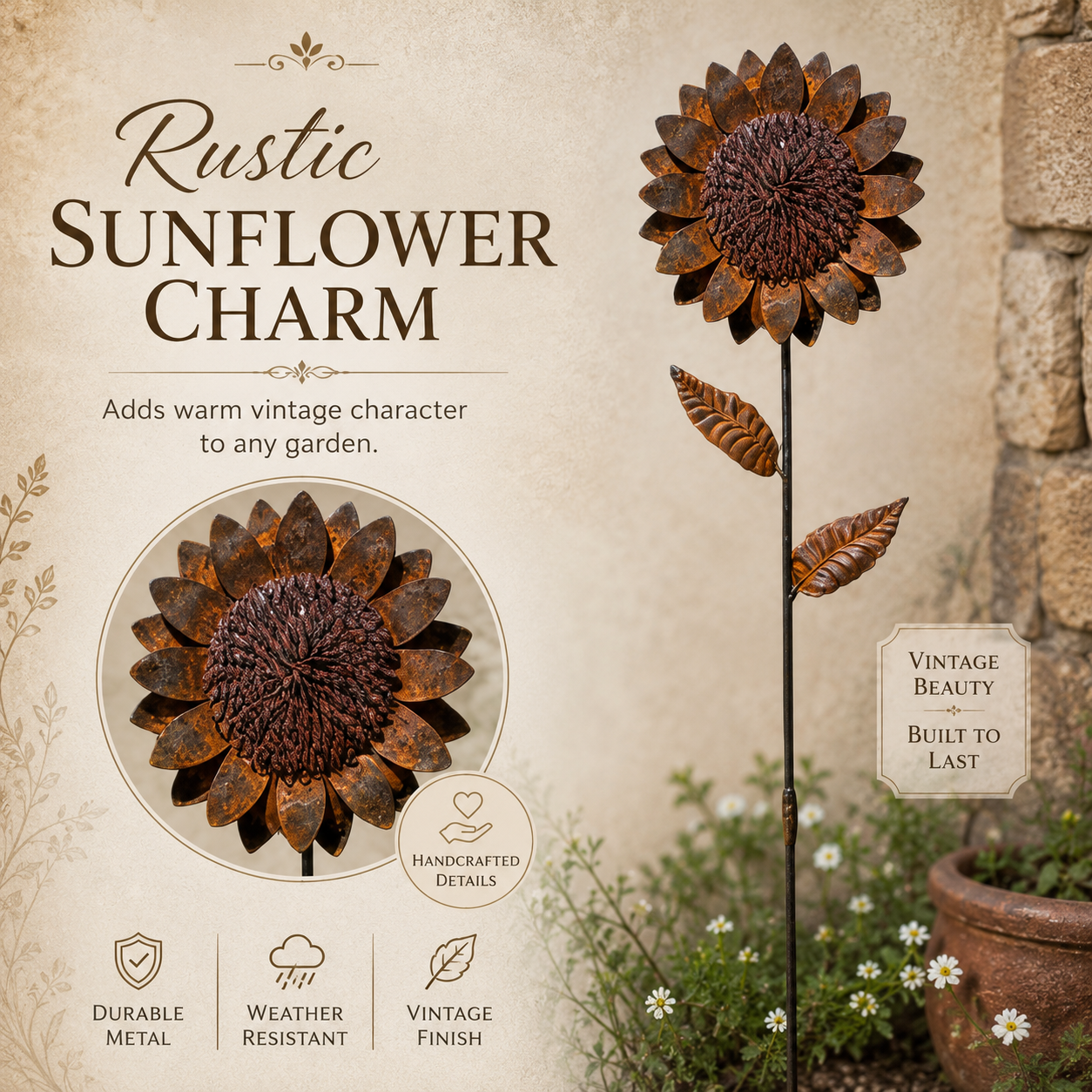 Rustic Metal Sunflower Garden Stake Decor