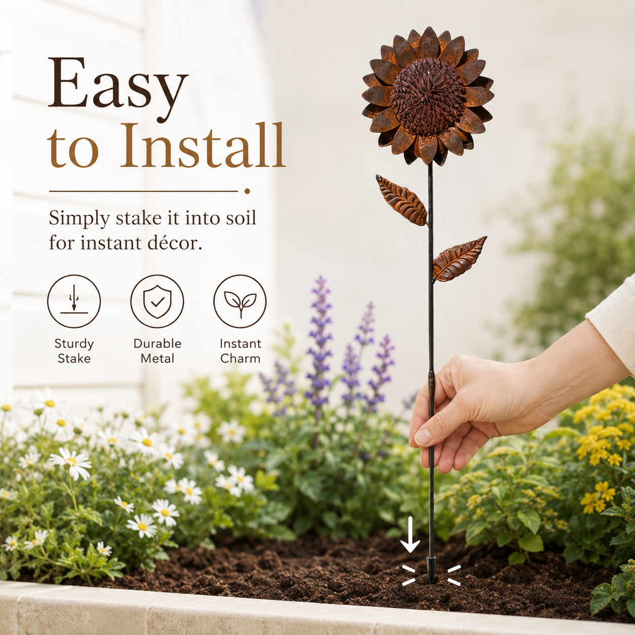 Rustic Metal Sunflower Garden Stake Decor