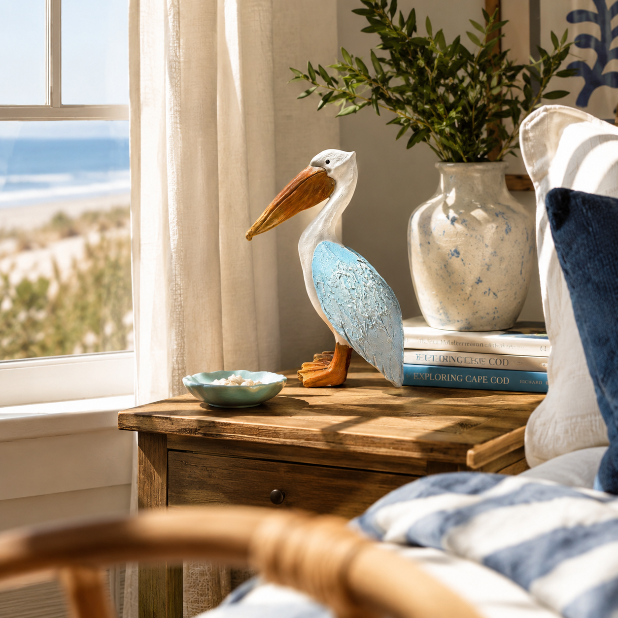 Coastal Blue Pelican Statue – Charming Accent for Entryway, Bedroom & Bookshelf