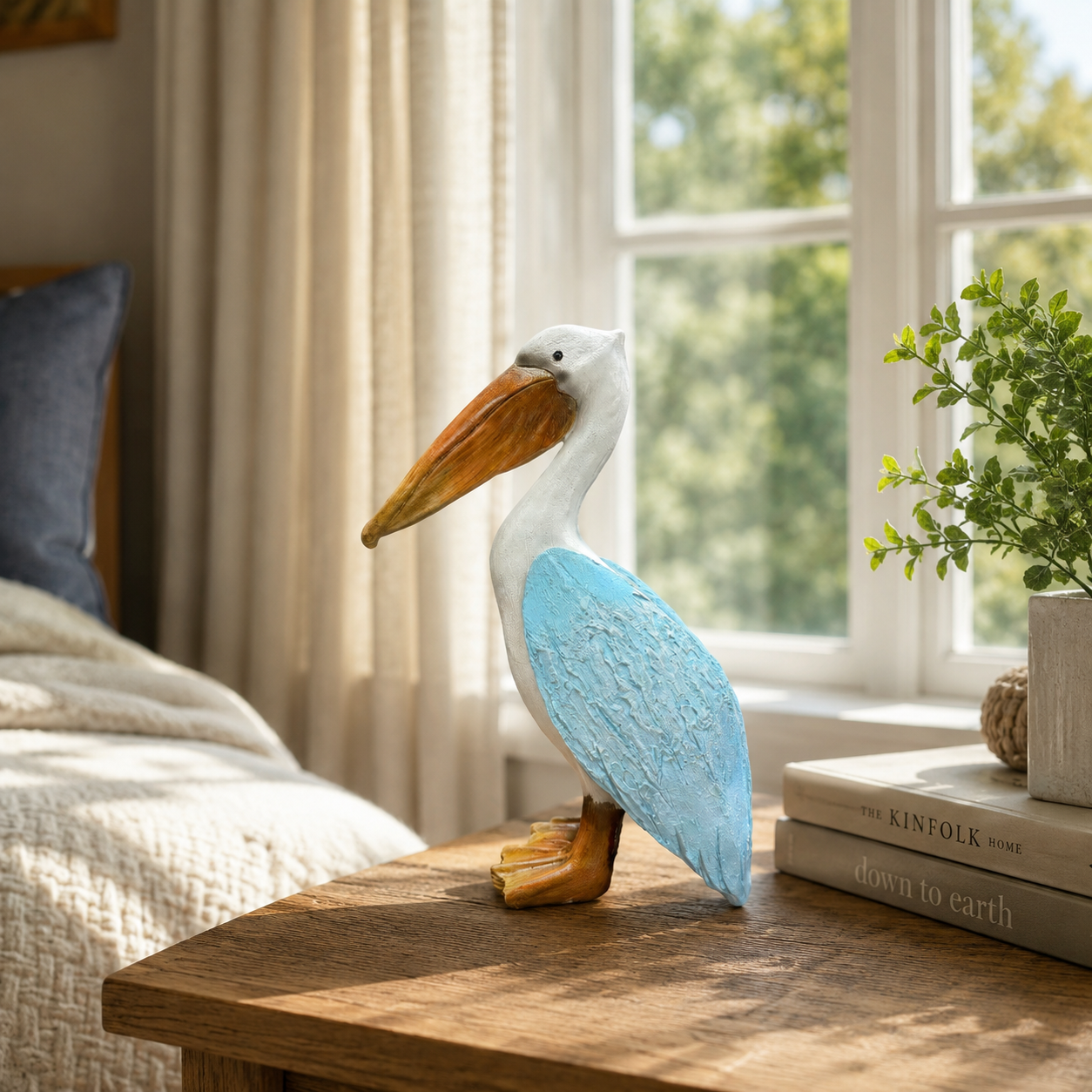Coastal Blue Pelican Statue – Charming Accent for Entryway, Bedroom & Bookshelf