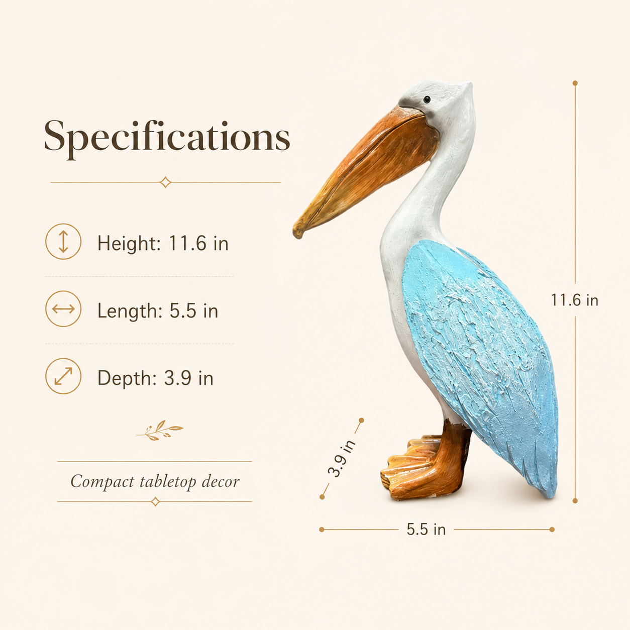 Coastal Blue Pelican Statue – Charming Accent for Entryway, Bedroom & Bookshelf