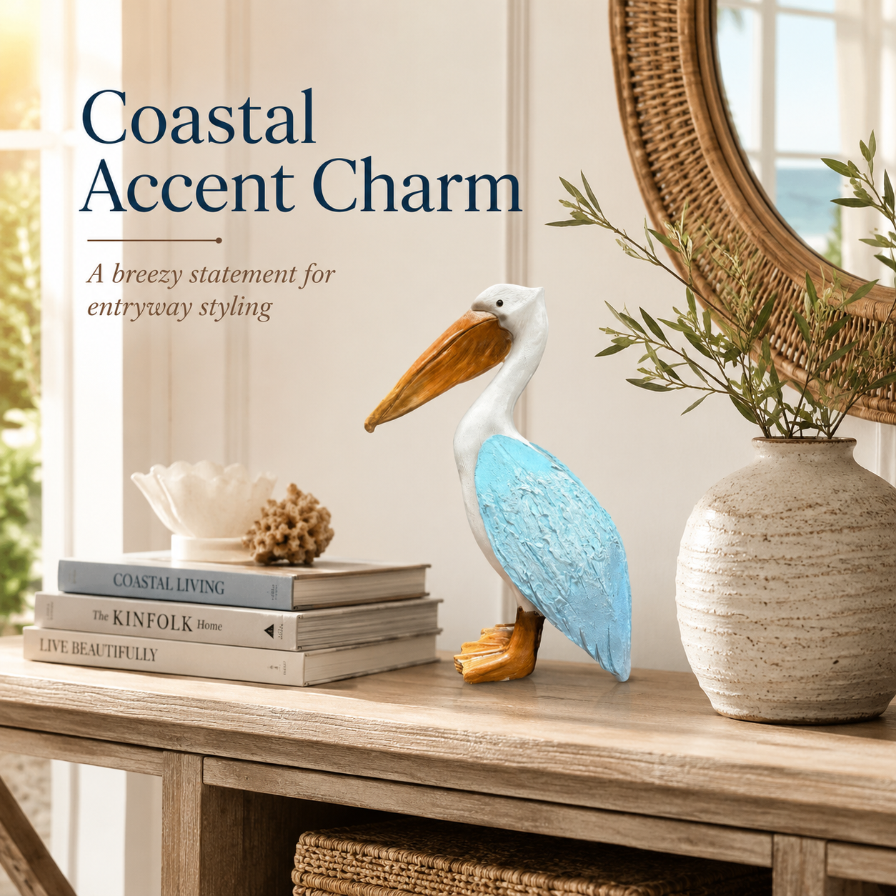 Coastal Blue Pelican Statue – Charming Accent for Entryway, Bedroom & Bookshelf