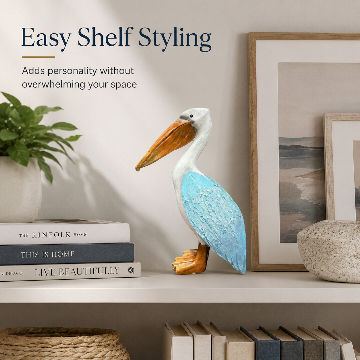 Coastal Blue Pelican Statue – Charming Accent for Entryway, Bedroom & Bookshelf
