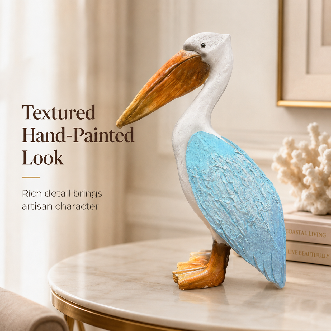 Coastal Blue Pelican Statue – Charming Accent for Entryway, Bedroom & Bookshelf