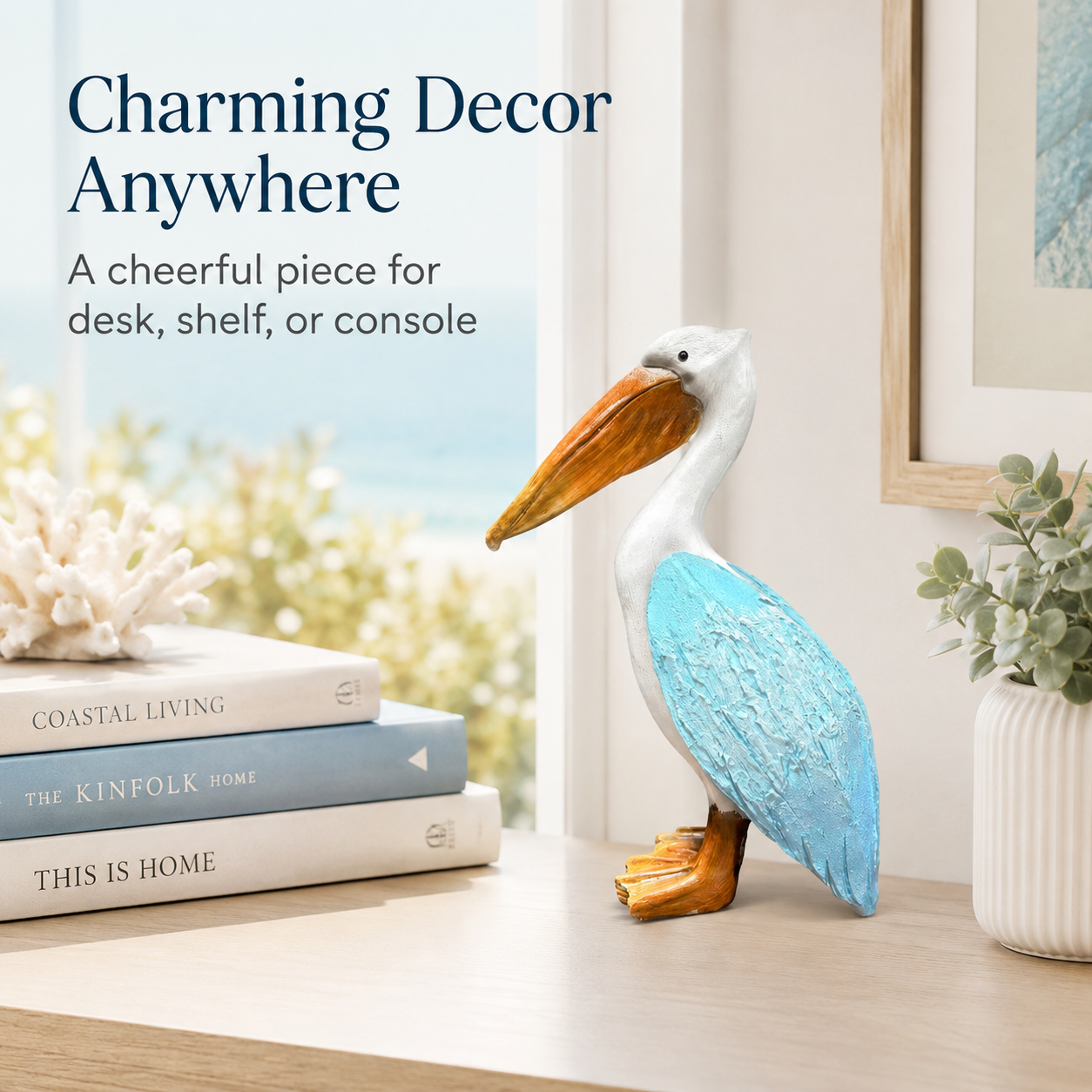 Coastal Blue Pelican Statue – Charming Accent for Entryway, Bedroom & Bookshelf