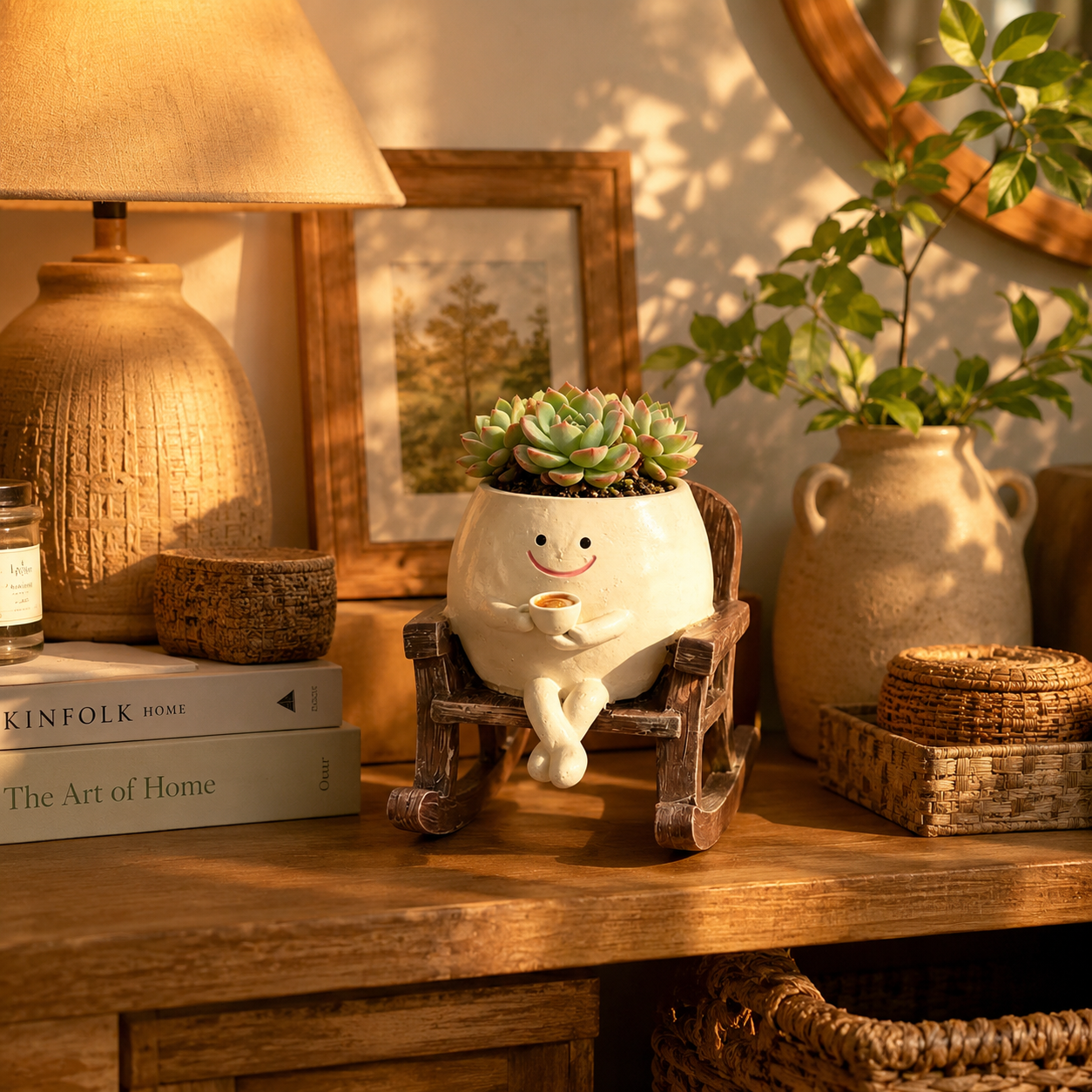 Whimsical Smiling Planter Duo – Charming Swing and Rocking Chair Pots for Home Styling