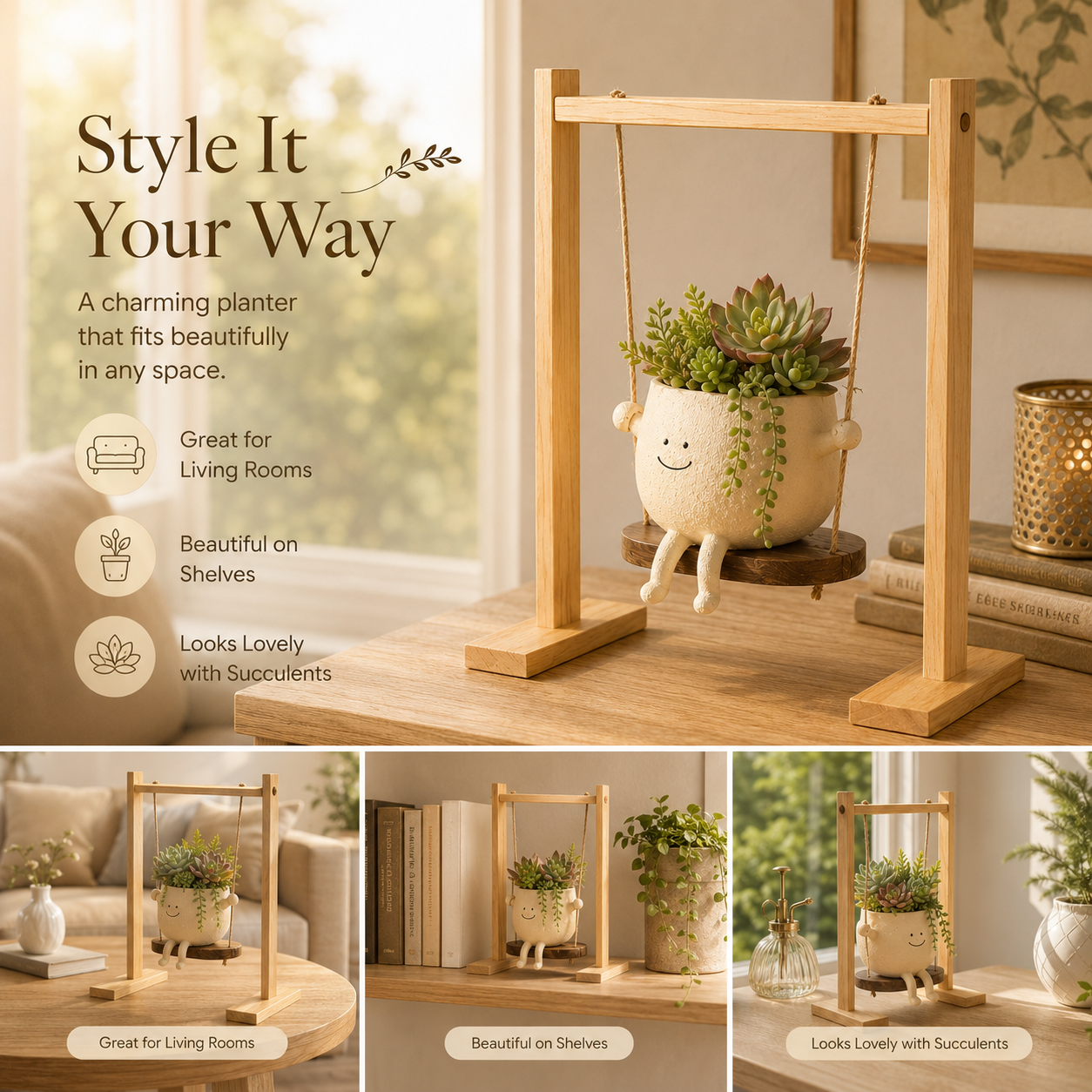 Whimsical Smiling Planter Duo – Charming Swing and Rocking Chair Pots for Home Styling