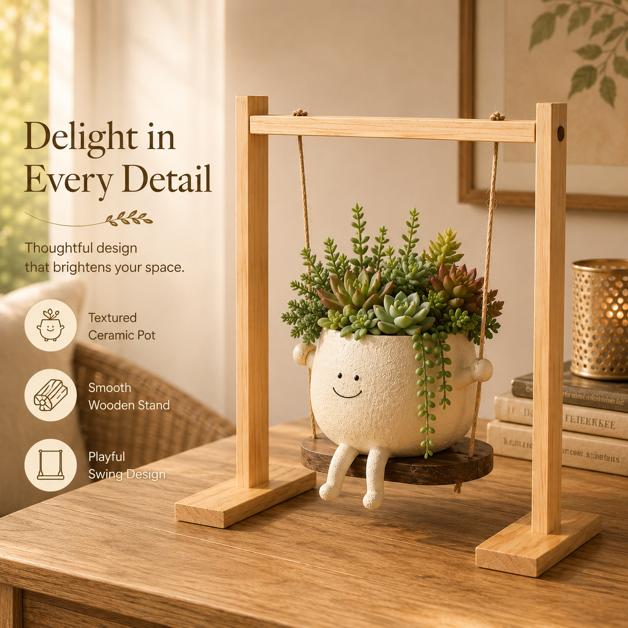 Whimsical Smiling Planter Duo – Charming Swing and Rocking Chair Pots for Home Styling